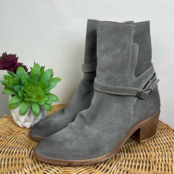 All Saints Grey Suede Split Shaft Block Heel Ankle Booties Boots 38 Leather - Picture 1 of 10